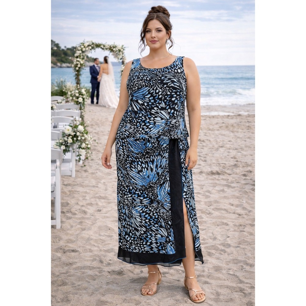 Dana Buchman Silk Top & Skirt Set Women's 16/18 Blue Butterfly Wedding Guest